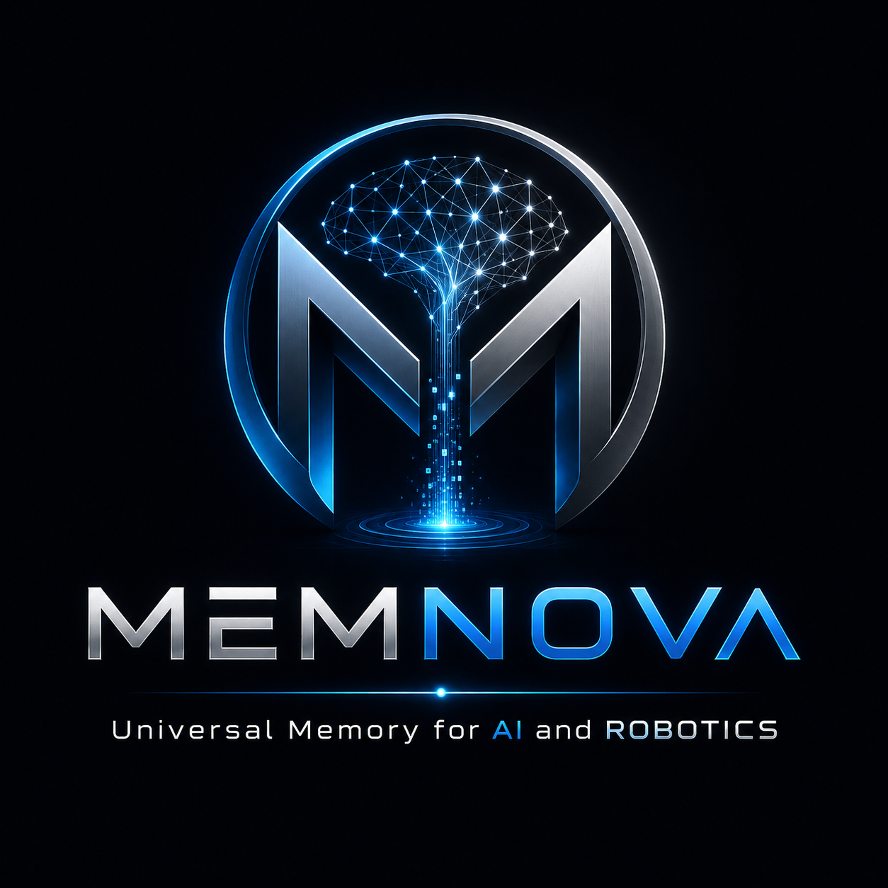 Logo de MEMNOVA: una M metálica de la que emerge una red neuronal en azul eléctrico